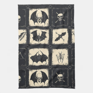 Denim Quilt with Bats and Skeletons Tea Towel