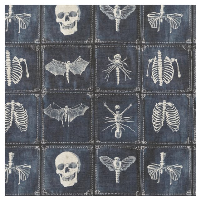 Denim Quilt with Skulls & Insects Fabric (Close Up)