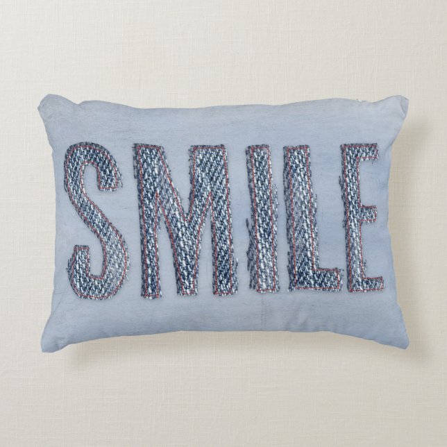 denim smile with red stitching decorative cushion (Front)