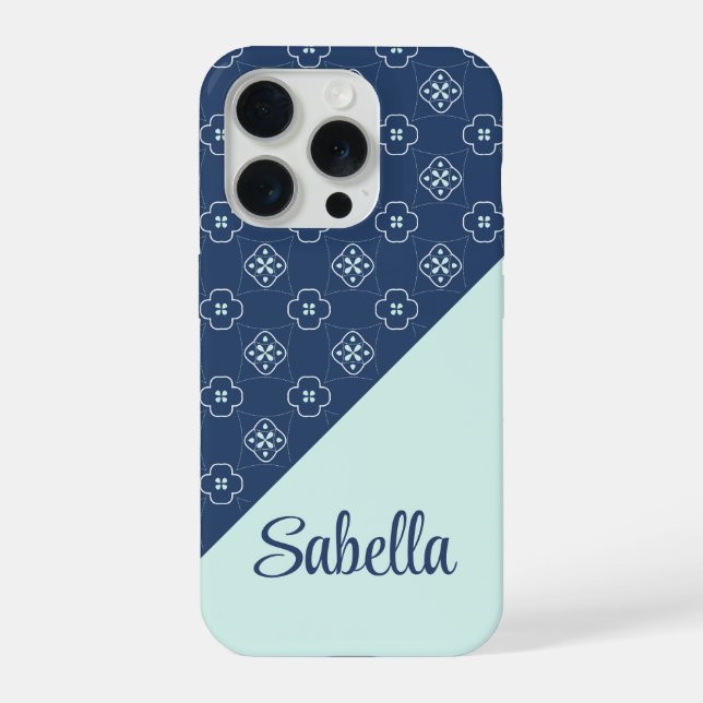 Denim Style Blue and Mint Flower Tiled Pattern iPhone Case (Back)