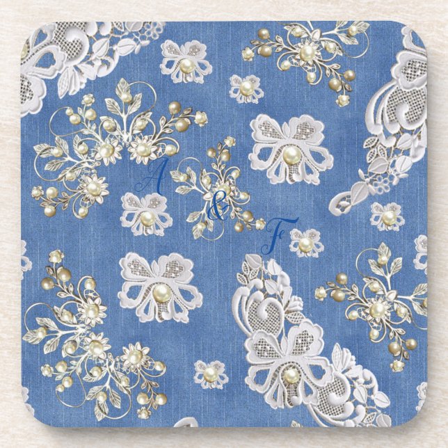 Denim Texture Ivory-pearls and Lace Coaster (Front)