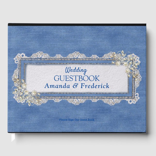 Denim texture Ivory-pearls and Lace Guest Book (Front)