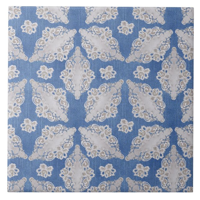 Denim texture with Lace Repeat Pattern Ceramic Tile (Front)