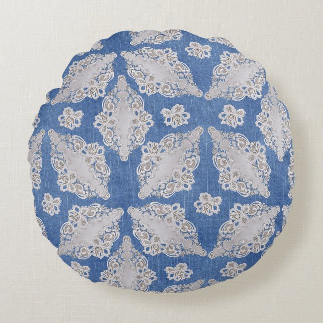 Denim texture with Lace Repeat Pattern Round Cushion (Front)