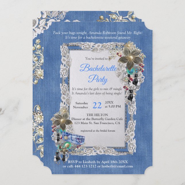 Denim Textured flower Lace and Costume Jewellery Invitation (Front/Back)