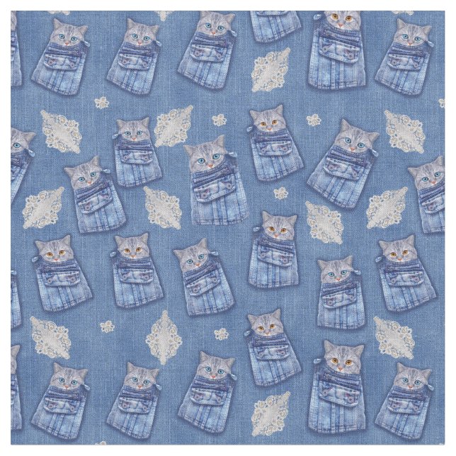 Denim textured Kitten Fun Seamless Repeats Fabric (Close Up)