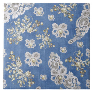 Denim Textured Lace and Pearls Ceramic Tile