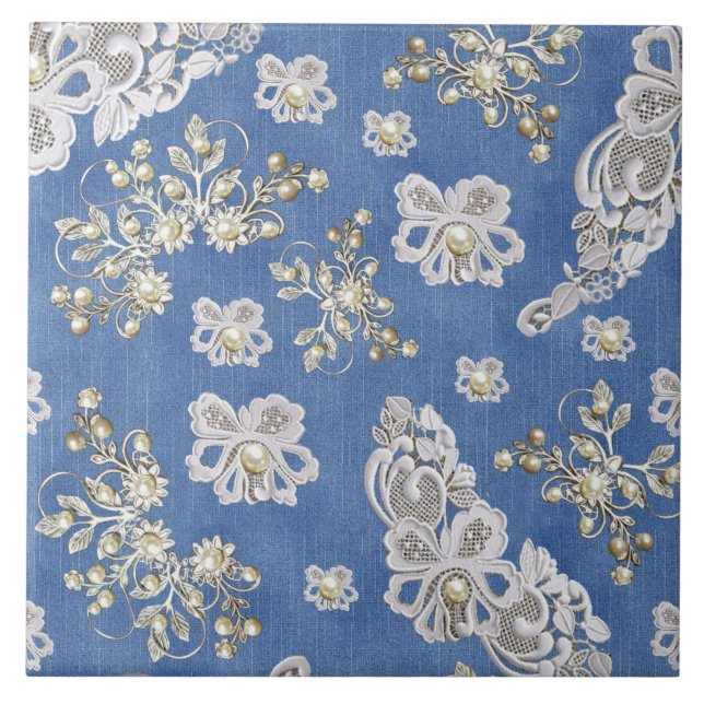 Denim Textured Lace and Pearls Ceramic Tile (Front)