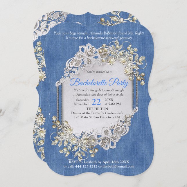 Denim Textured Lace and Pearls Invitation (Front/Back)