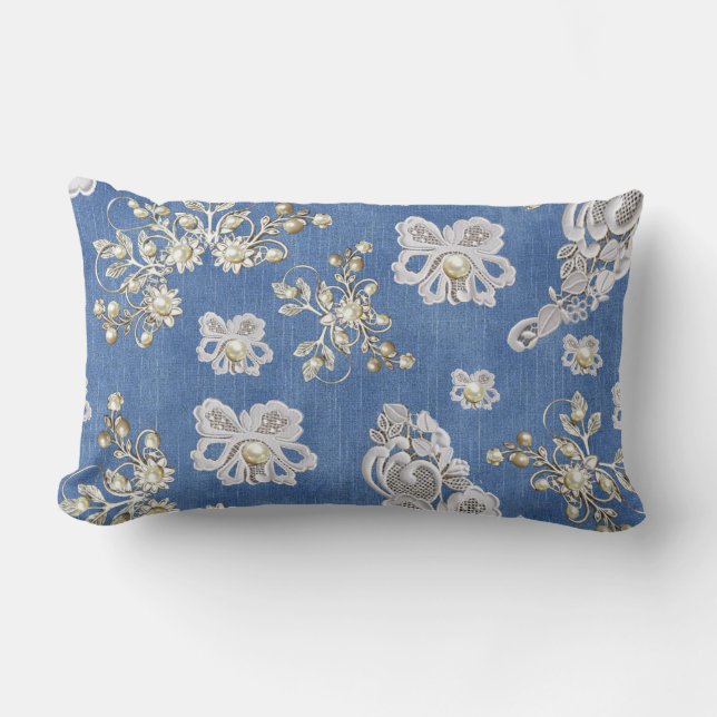 Denim Textured Lace and Pearls Lumbar Cushion (Front)