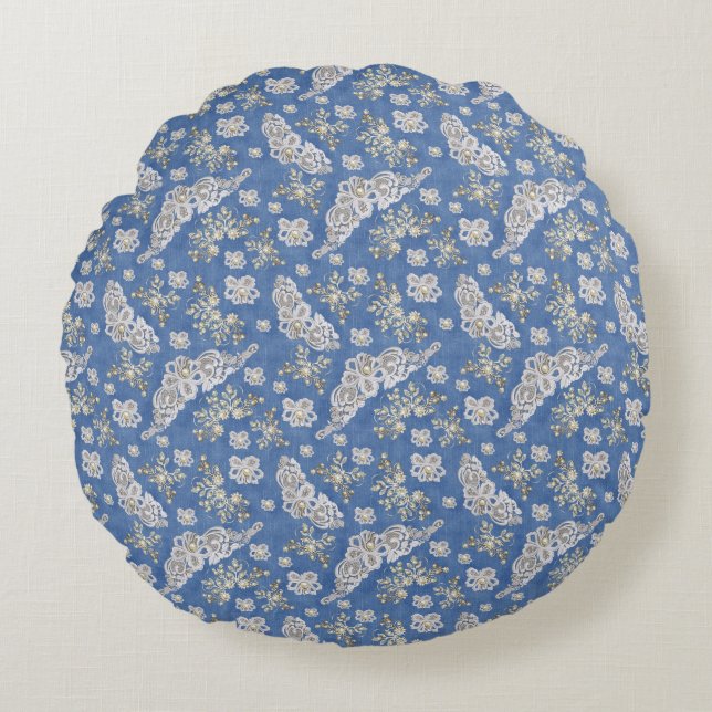 Denim Textured Lace and Pearls Round Cushion (Front)