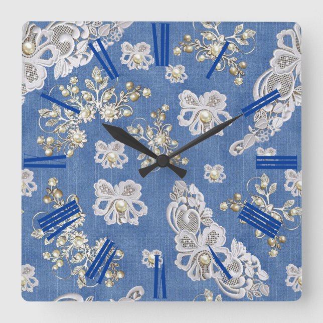Denim Textured Lace and Pearls Square Wall Clock (Front)