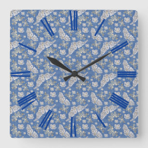 Denim Textured Lace and Pearls Square Wall Clock