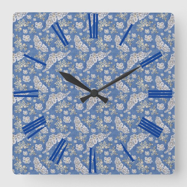 Denim Textured Lace and Pearls Square Wall Clock (Front)