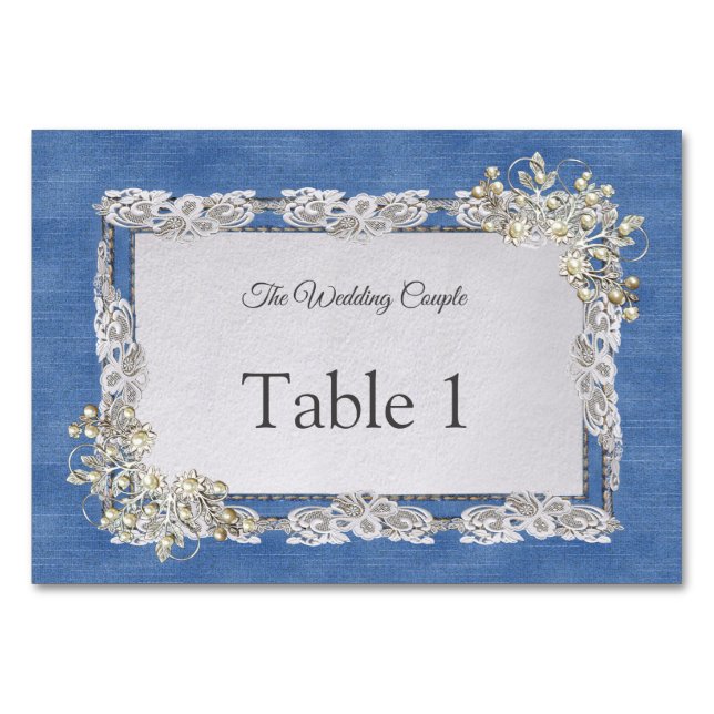 Denim Textured Lace and Pearls Table Number (Front)