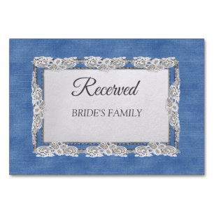 Denim Textured Lace and Pearls Table Number