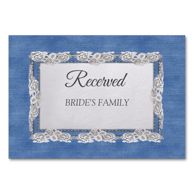 Denim Textured Lace and Pearls Table Number (Front)