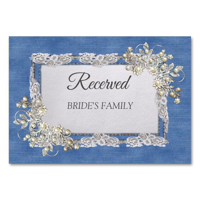 Denim Textured Lace and Pearls Table Number (Front)