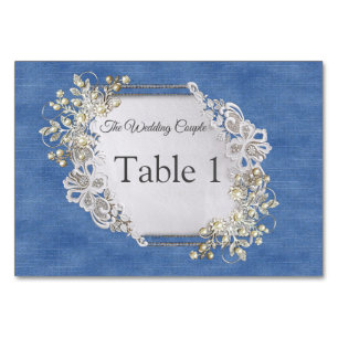 Denim Textured Lace and Pearls Table Number