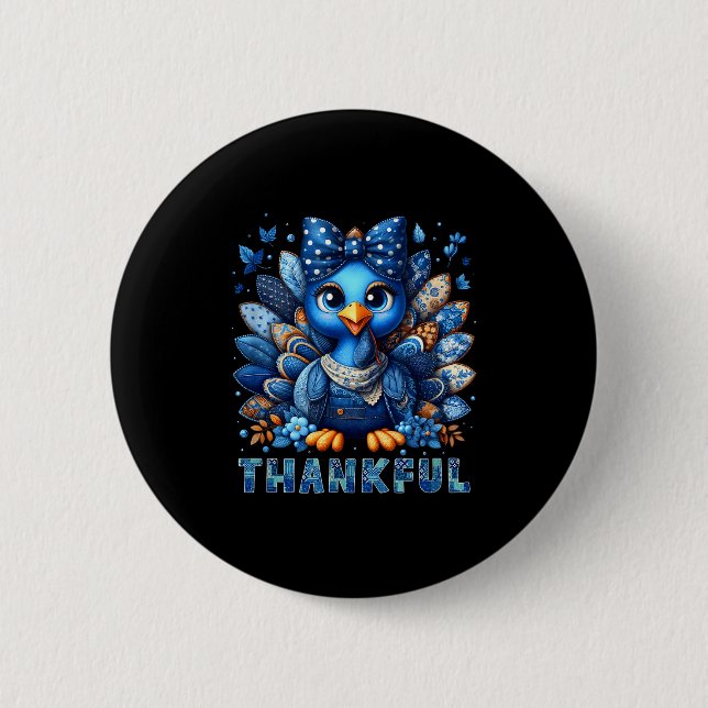 Denim Thankful Turkey Grandma Mama Mom Give Thanks 6 Cm Round Badge (Front)