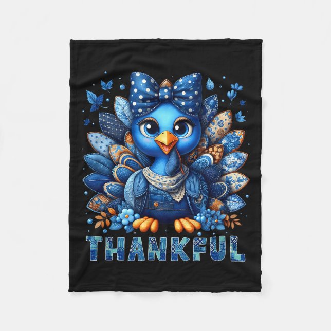 Denim Thankful Turkey Grandma Mama Mum Give Thanks Fleece Blanket (Front)