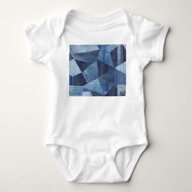 Denim Urban: Distressed Striped Patchwork. Baby Bodysuit (Front)