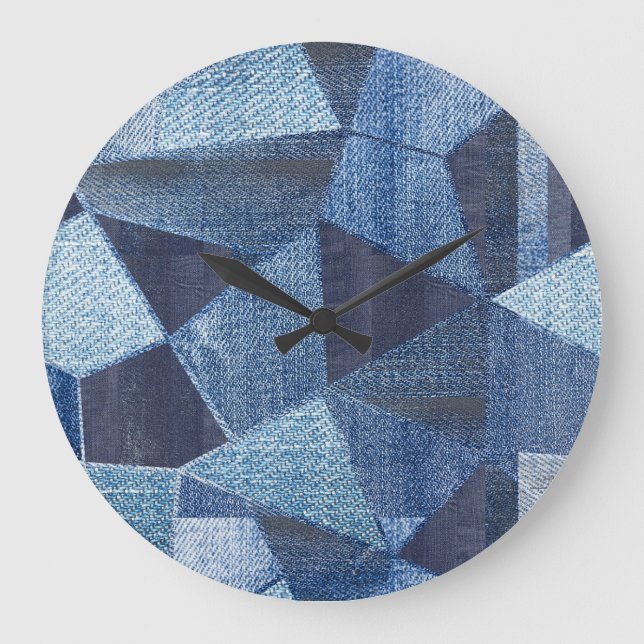 Denim Urban: Distressed Striped Patchwork. Large Clock (Front)