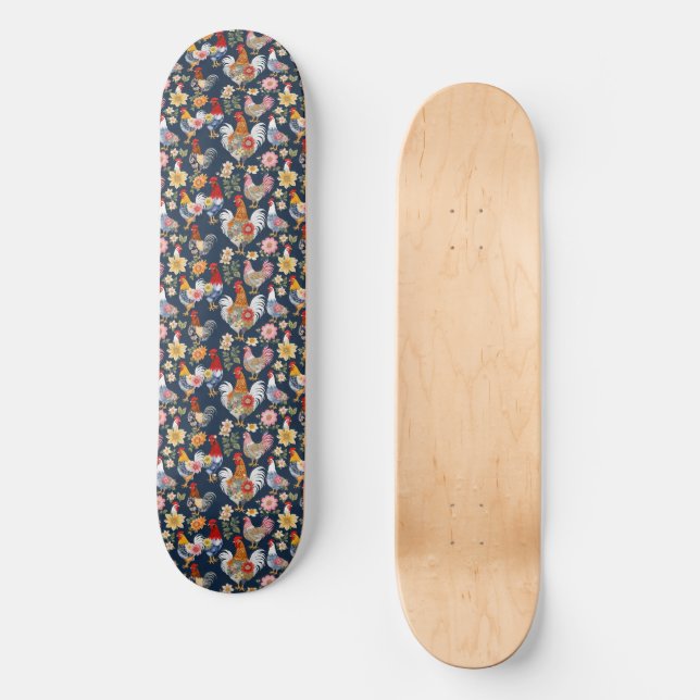 Denim Wearing Floral Patchwork Chickens On Navy Skateboard (Front)