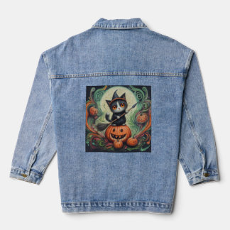 Denim whimsical witch cat and pumpkin Halloween  Denim Jacket