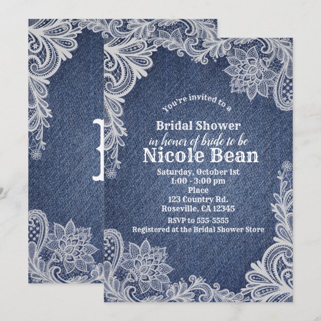 Denim & White Floral Lace Elegant Bridal Shower Invitation (Front/Back)