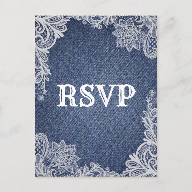 Denim & White Floral Lace Elegant Wedding RSVP Invitation Postcard (Front)