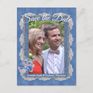 Denim with Cream Flower Lace and a Kitten Announcement Postcard