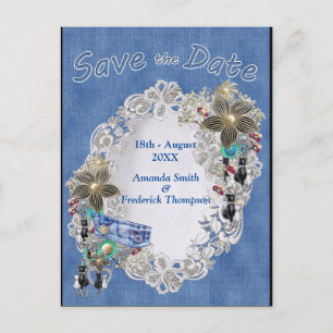 Denim with Cream Flower Lace and Costume Jewellery Announcement Postcard