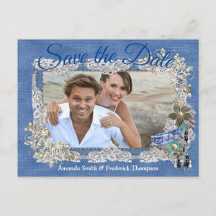 Denim with Cream Flower Lace and Costume Jewellery Announcement Postcard