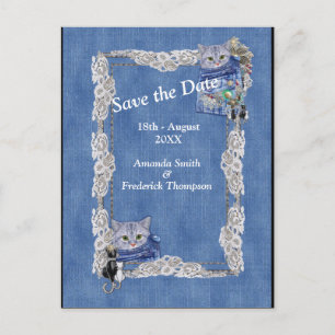 Denim with Cream Flower Lace and Costume Jewellery Announcement Postcard