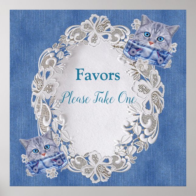 Denim with Cream Flower Lace and Kittens Poster (Front)