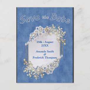 Denim with Cream Flower Lace and Pearls Announcement Postcard