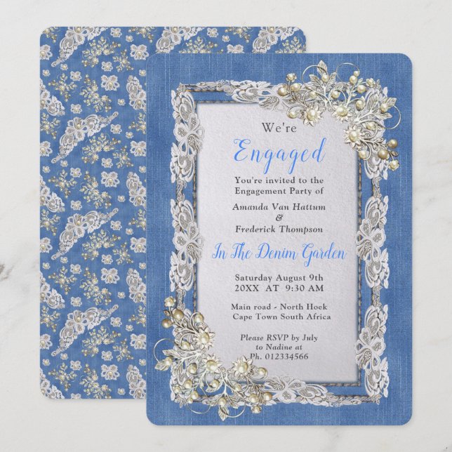 Denim with Cream Flower Lace and Pearls Invitation (Front/Back)