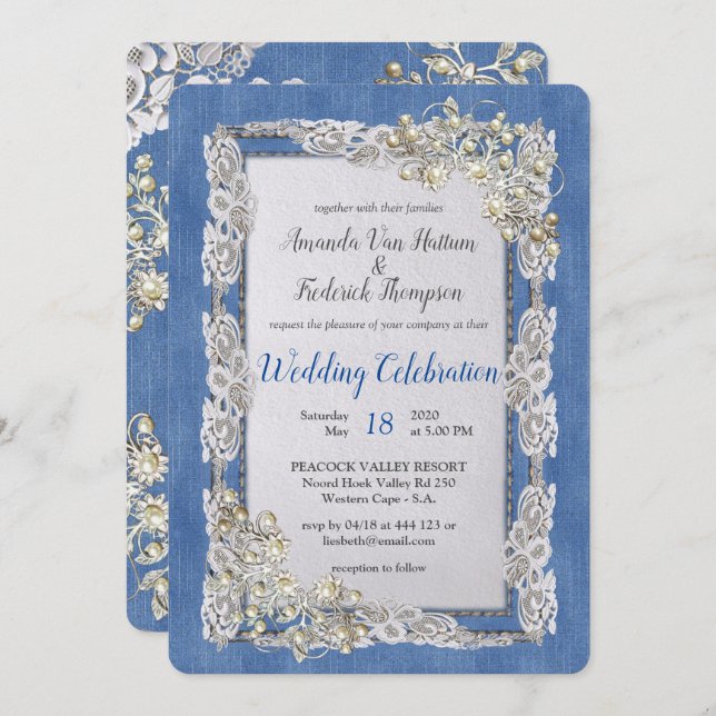 Denim with Cream Flower Lace and Pearls Invitation (Front/Back)