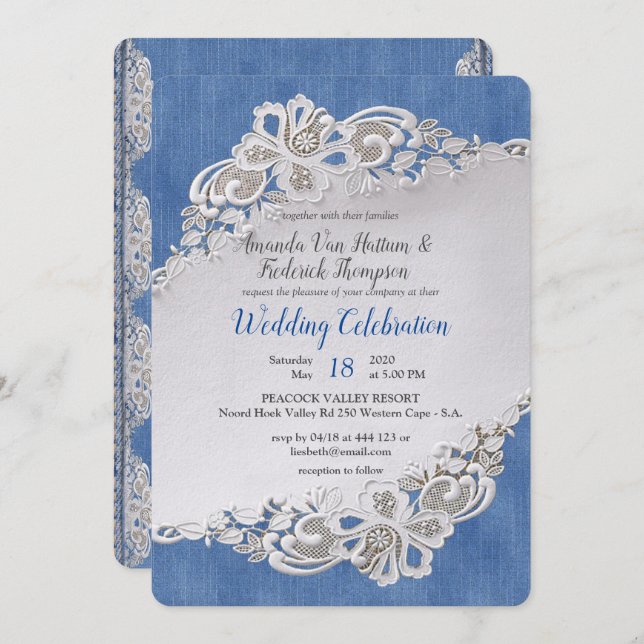 Denim with Cream Flower Lace Invitation (Front/Back)