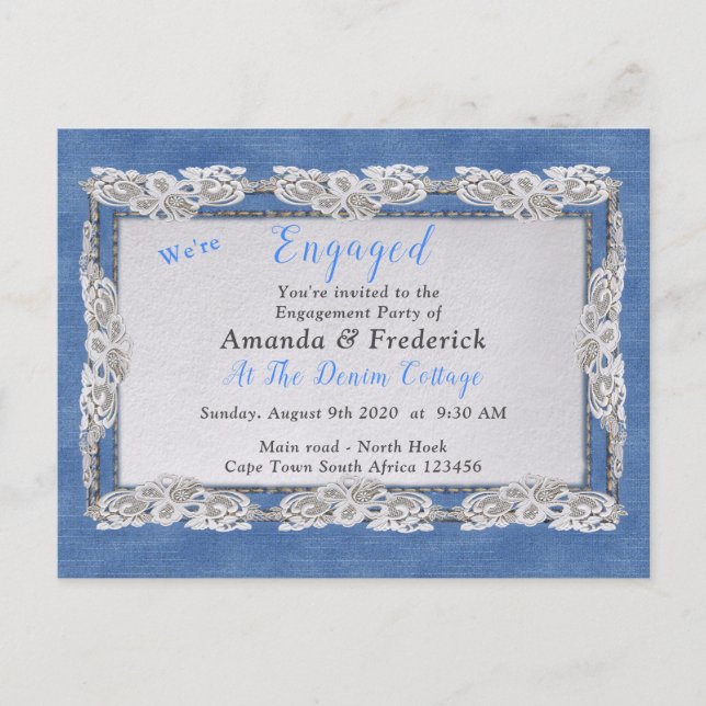 Denim with Cream Flower Lace Invitation Postcard (Front)