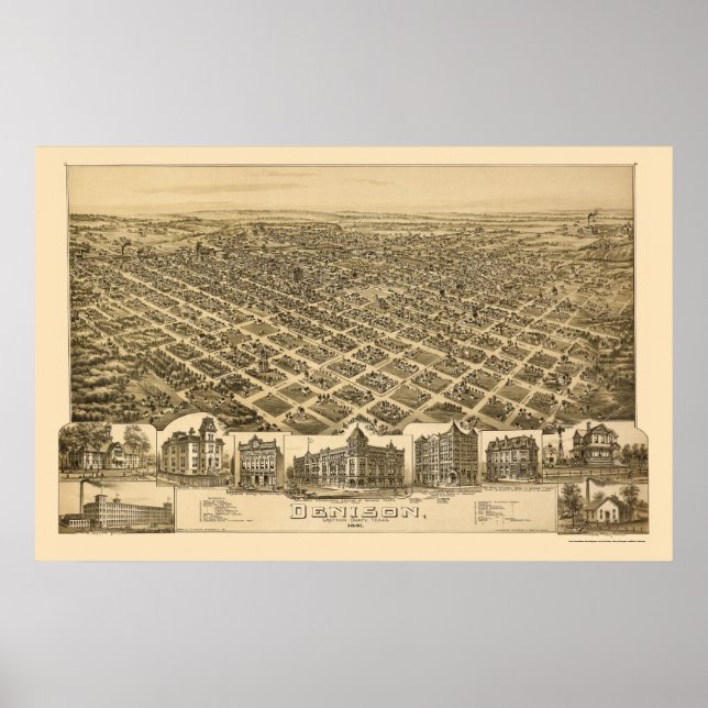 Denison, TX Panoramic Map - 1891 Poster (Front)
