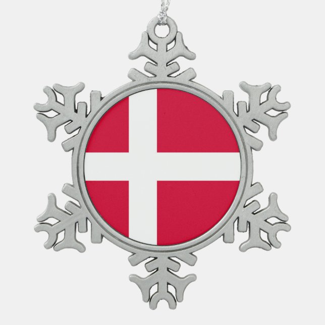 Denmark country flag symbol long snowflake pewter christmas ornament (Front)
