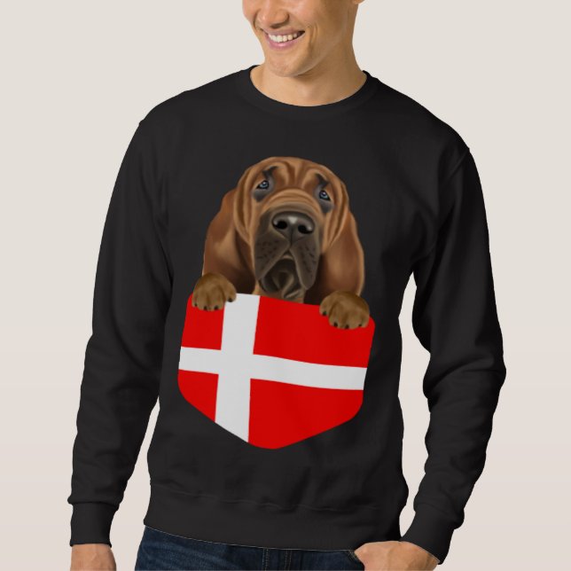 Denmark Flag Bloodhound Dog In Pocket Sweatshirt (Front)