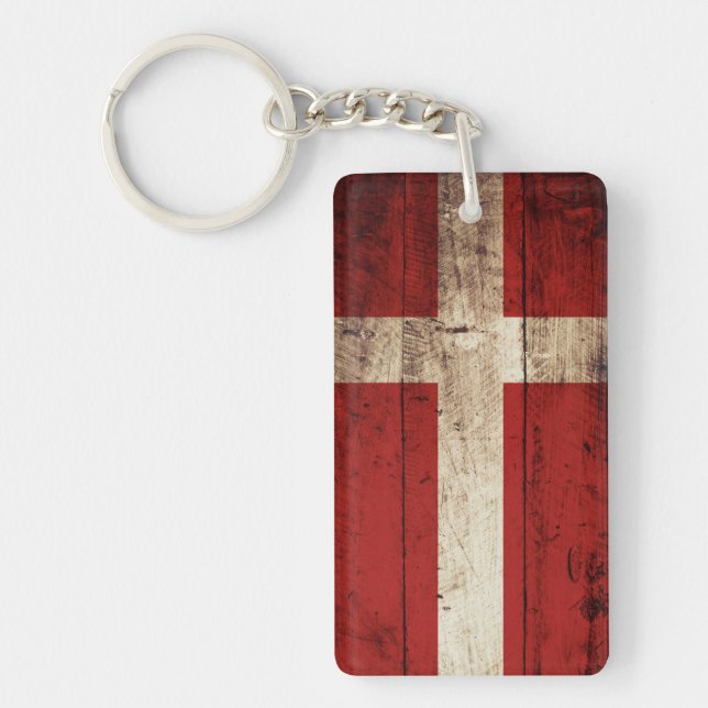 Denmark Flag on Old Wood Grain Key Ring (Front)