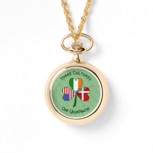 Denmark Ireland USA Shamrock Flag Personalised Watch
