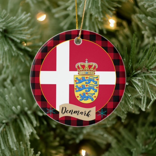 Denmark, Red buffalo plaid & Danish Flag Ceramic Ornament (Tree)