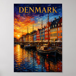 Denmark: Sunset Glow Nyhavn Harbor Art Souvenir Poster