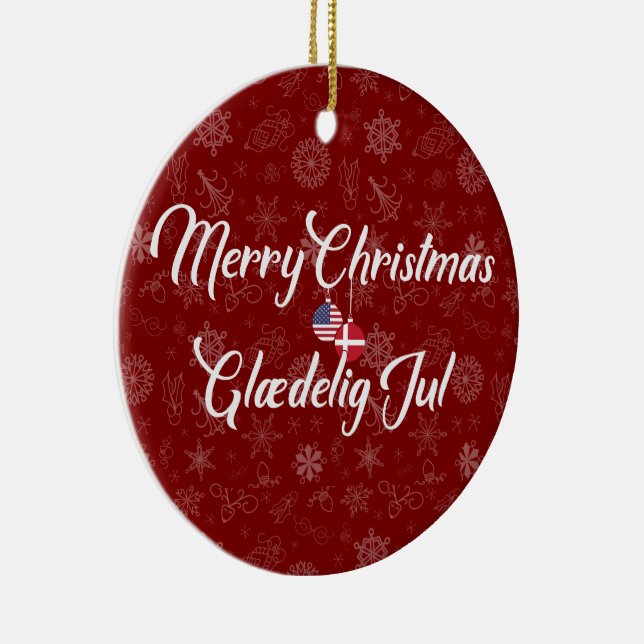 Denmark USA Bilingual Merry Christmas Ceramic Ornament (Right)