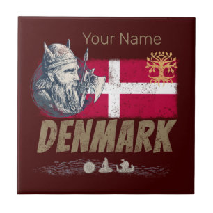 Denmark vintage flag viking and ship souvenir ceramic tile